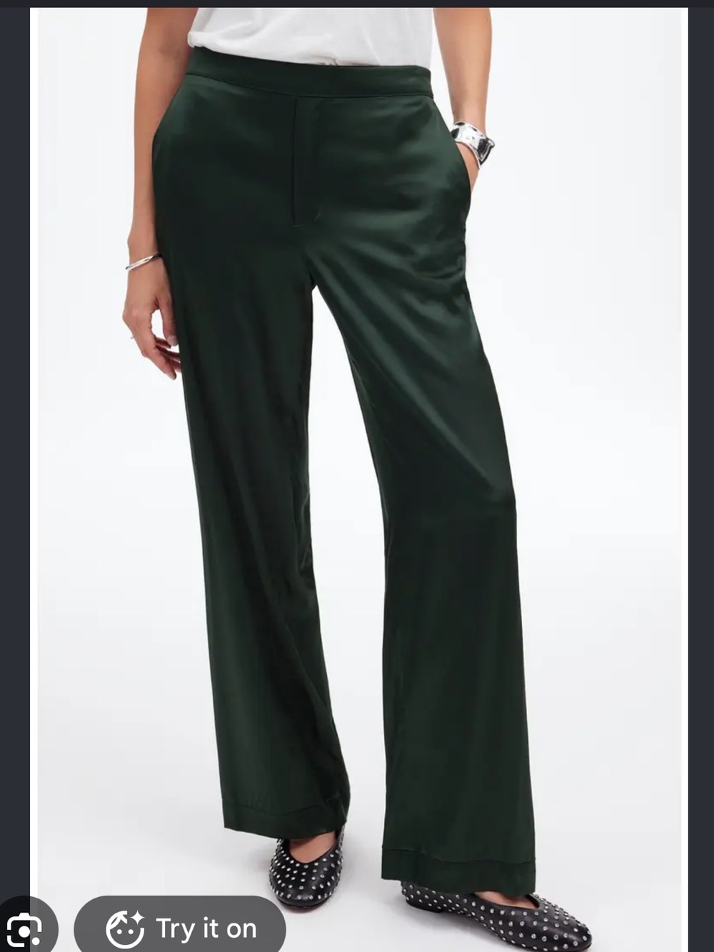Madewell Straight Pull-On Satin Pants in Forest Green